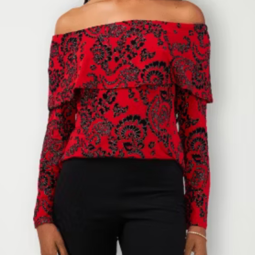 Elegant Red Paisley Off-Shoulder Top size L